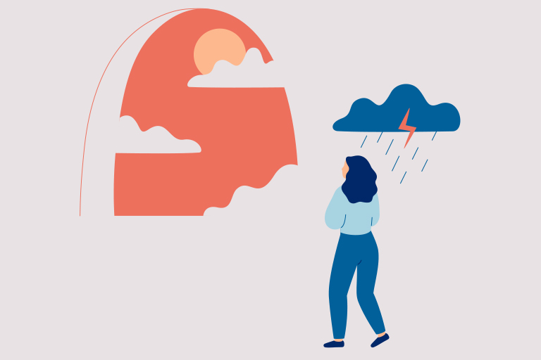 Illustration of storm cloud over woman's head while she looks at the sun