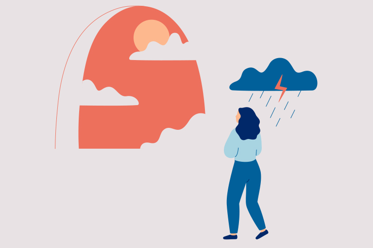 OE-Aug-2023-Issue23-Nikki-1 Illustration of storm cloud over woman's head while she looks at the sun