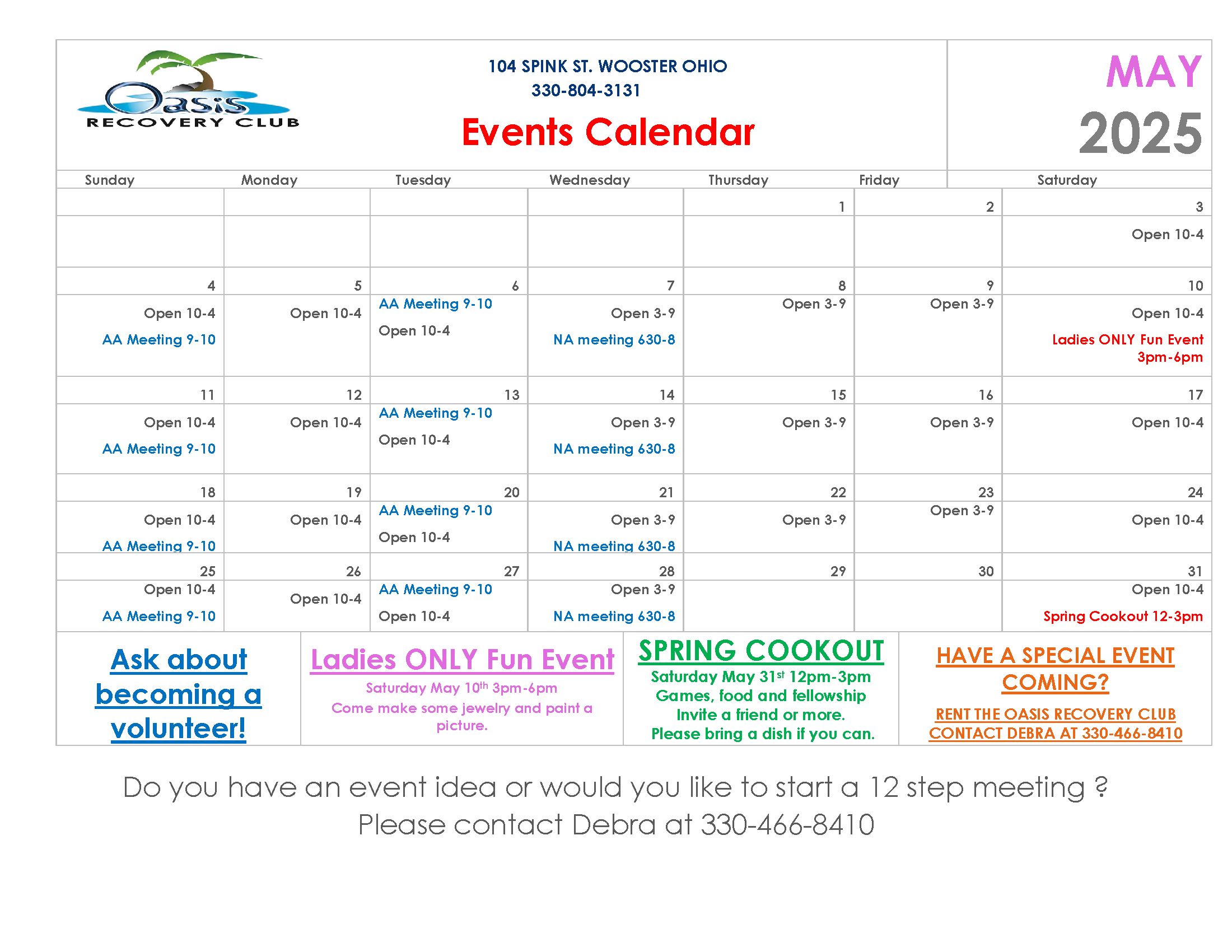 May Oasis Club Calendar