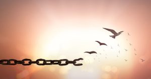 Birds flying and breaking away from chains