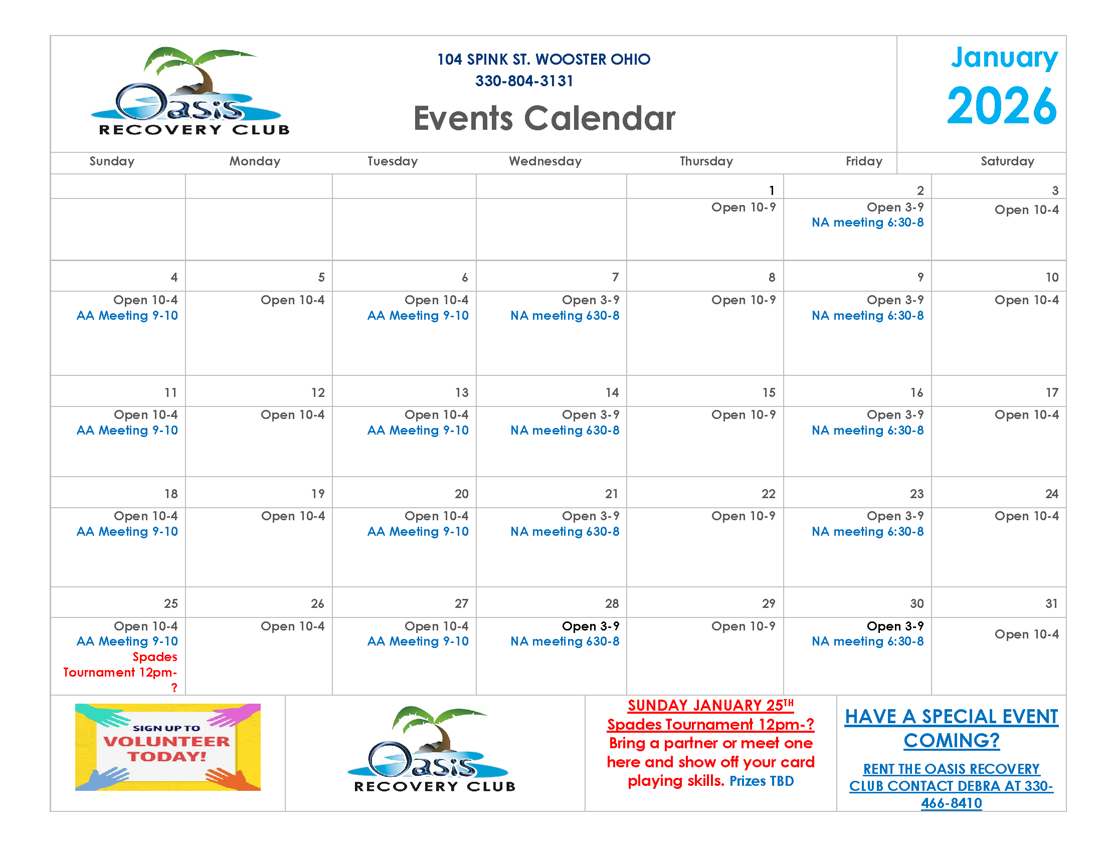 Oasis January Calendar