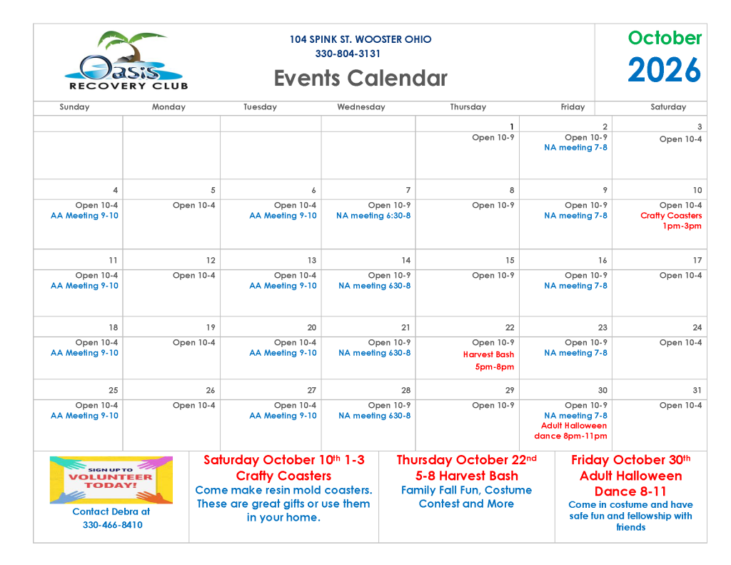 Oasis Oct Calendar